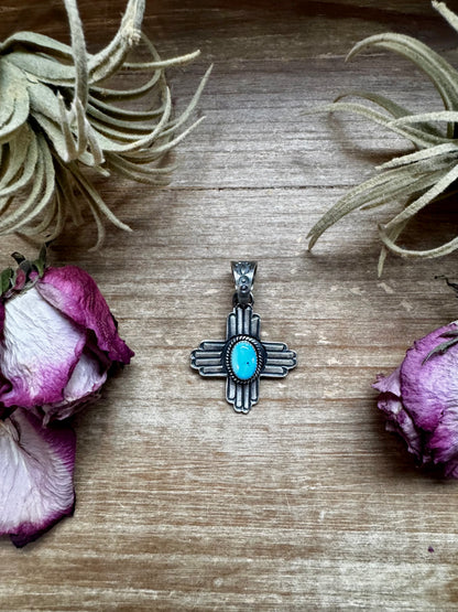 Sterling silver Zia symbol pendant with Golden Hill turquoise center, stamped KB, Native made in the USA, fits 10mm pearls