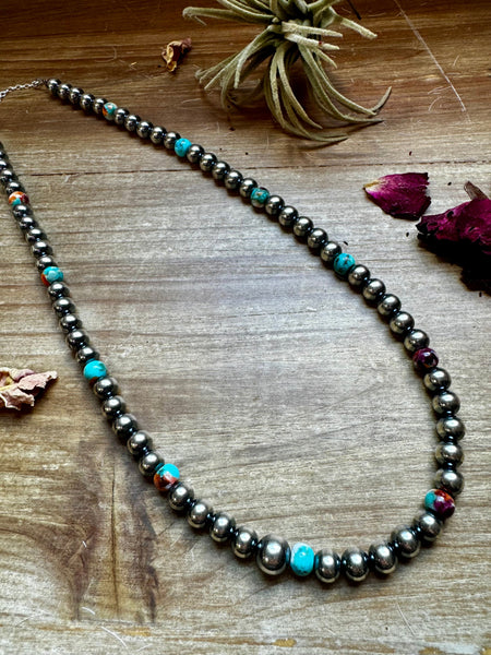 20 inch 8 mm Sterling Silver Pearls necklace with turquoise and spiny Mohave