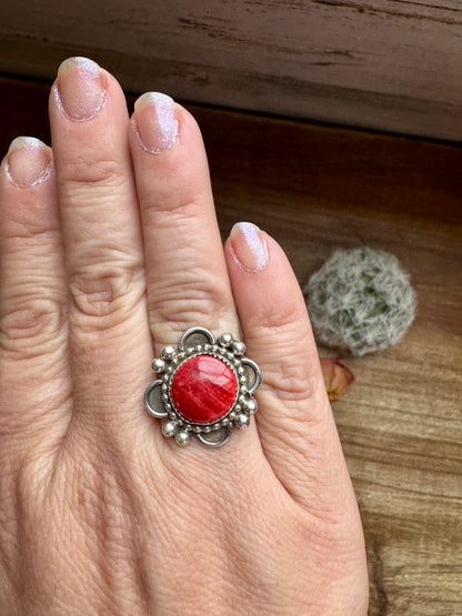 Ring - Size 8 -Red Spiny & Sterling Silver