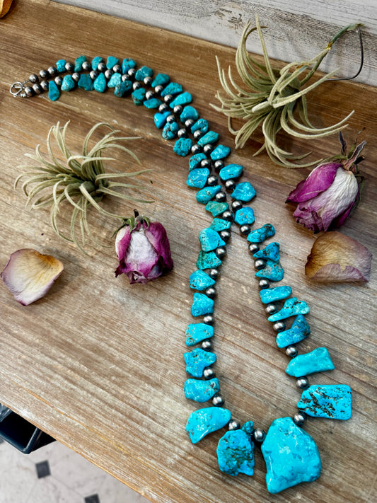 34-inch sterling silver pearl necklace with graduated chunky turquoise, handmade by The Bijoux FAB in the USA, NFR Collection