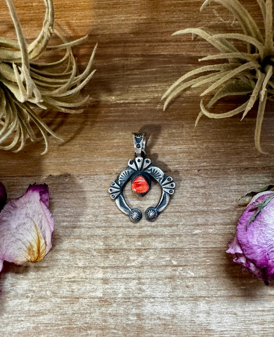 Sterling silver Naja pendant with red spiny oyster stone, stamped KB, Native made in the USA, fits 8mm pearls