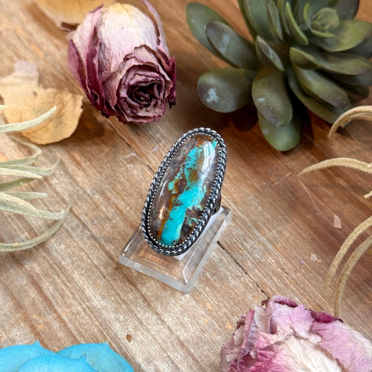 MJ oval turquoise ring in sterling silver with adjustable band handmade in-house in the USA
