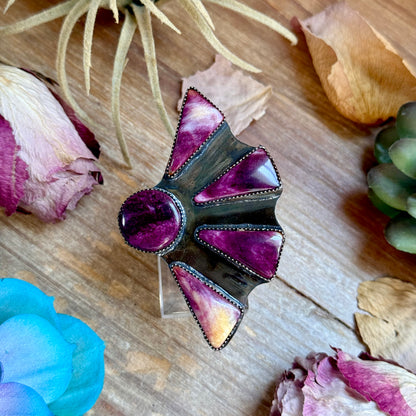 MJ purple spiny oyster ring in sterling silver adjustable band handmade in-house in the USA
