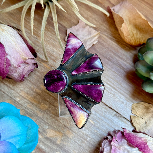 MJ purple spiny oyster ring in sterling silver adjustable band handmade in-house in the USA
