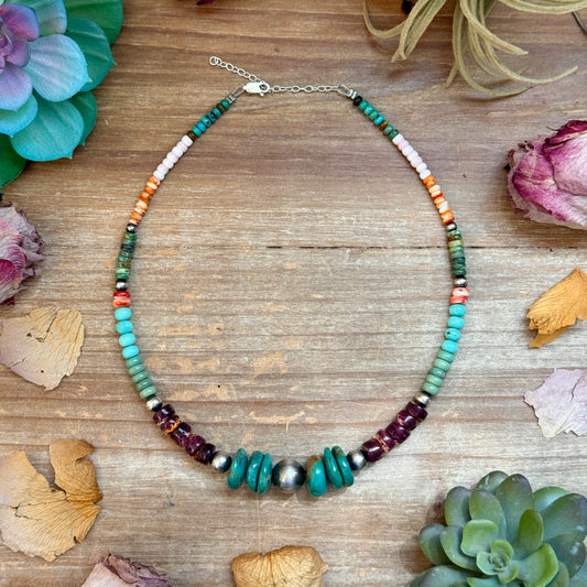 One of a kind mixed turquoise, pink conch, spiny oyster and sterling silver bead necklace short length

