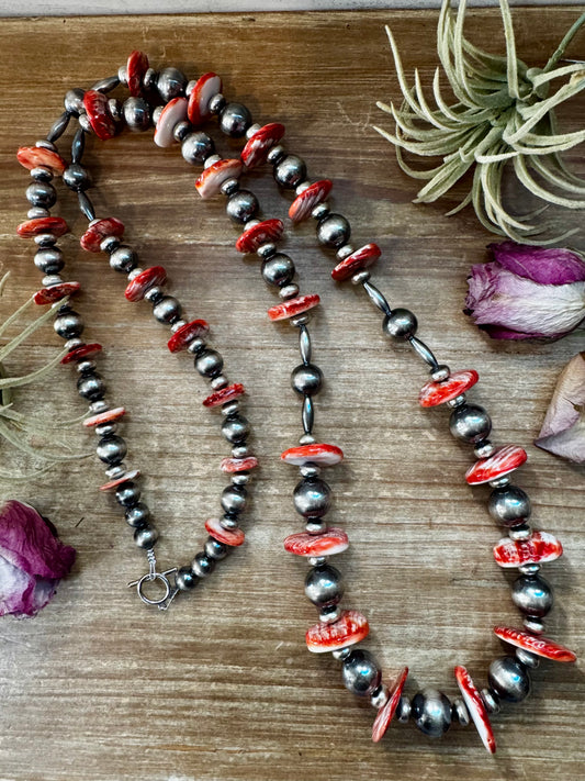 45-inch sterling silver pearl necklace with graduated spiny oyster and torpedo pearl accents, handmade by The Bijoux FAB in the USA, NFR Collection