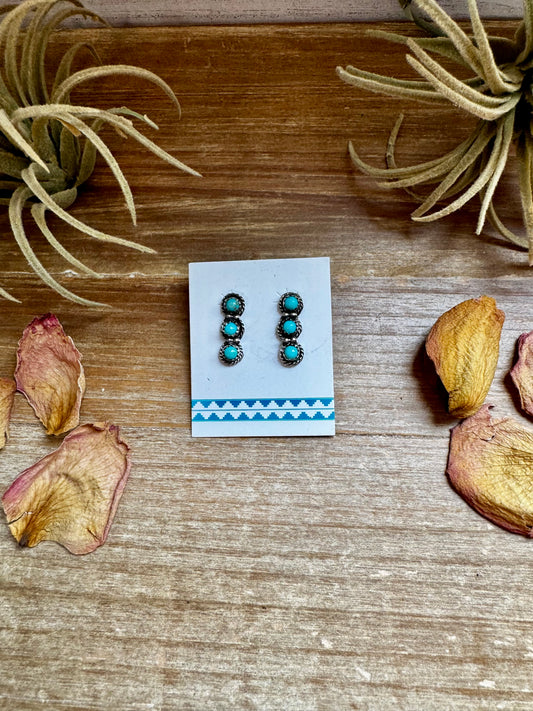 Triple Kingman turquoise stud earrings in sterling silver with post-back, USA made