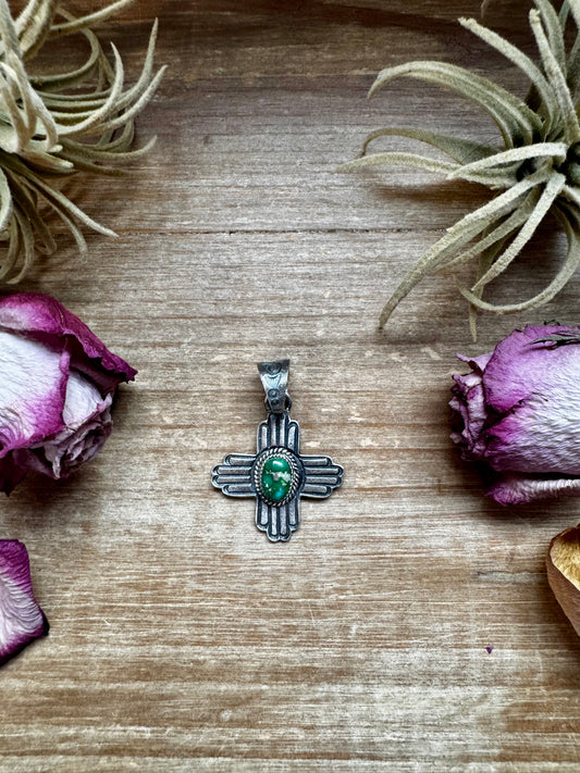 Sterling silver Zia symbol pendant with green Sonoran Gold turquoise, stamped K. Billah, Native made in the USA, fits 8mm pearls