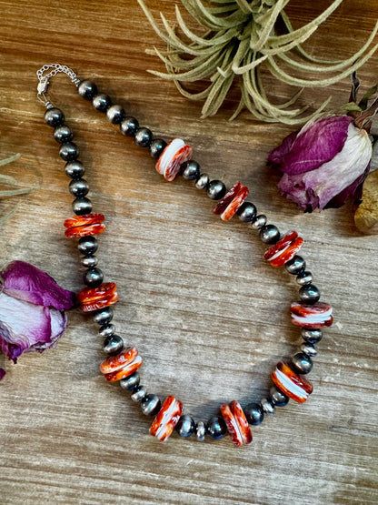 19-inch sterling silver pearl necklace with 20mm red spiny oyster centerpiece, handmade by The Bijoux FAB in the USA, NFR Collection