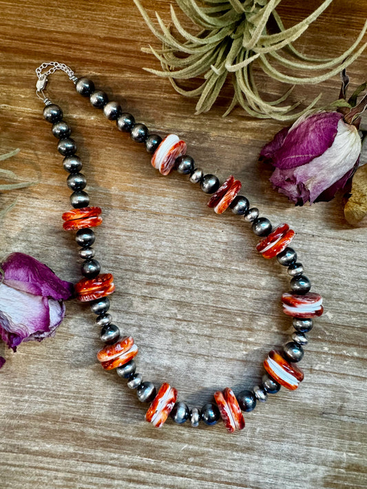 19-inch sterling silver pearl necklace with 20mm red spiny oyster centerpiece, handmade by The Bijoux FAB in the USA, NFR Collection