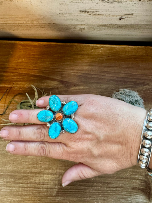 Big flower ring- adjustable - Kingman  turquoise, spiny and sterling silver