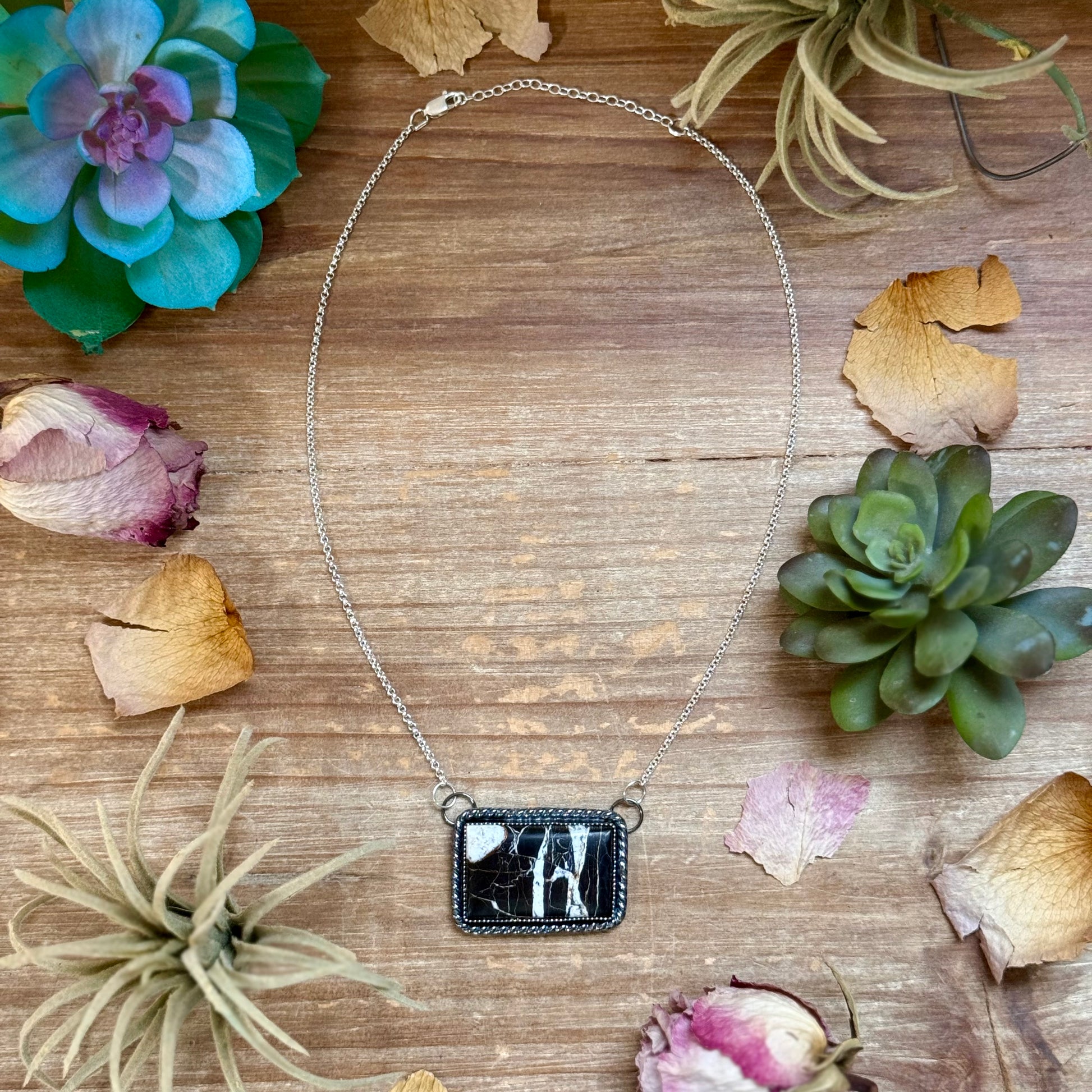 MJ white buffalo bar necklace in sterling silver with 16 inch chain handmade in-house in the USA
