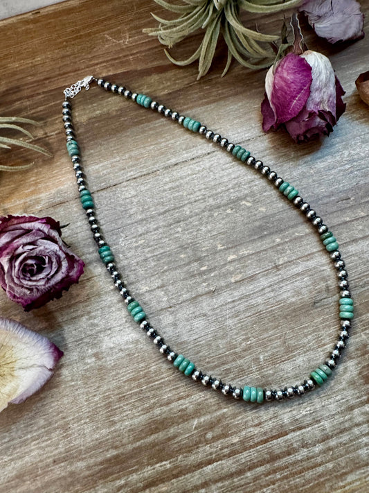 19-inch sterling silver pearl necklace with green turquoise rondelles, handmade by The Bijoux FAB in the USA