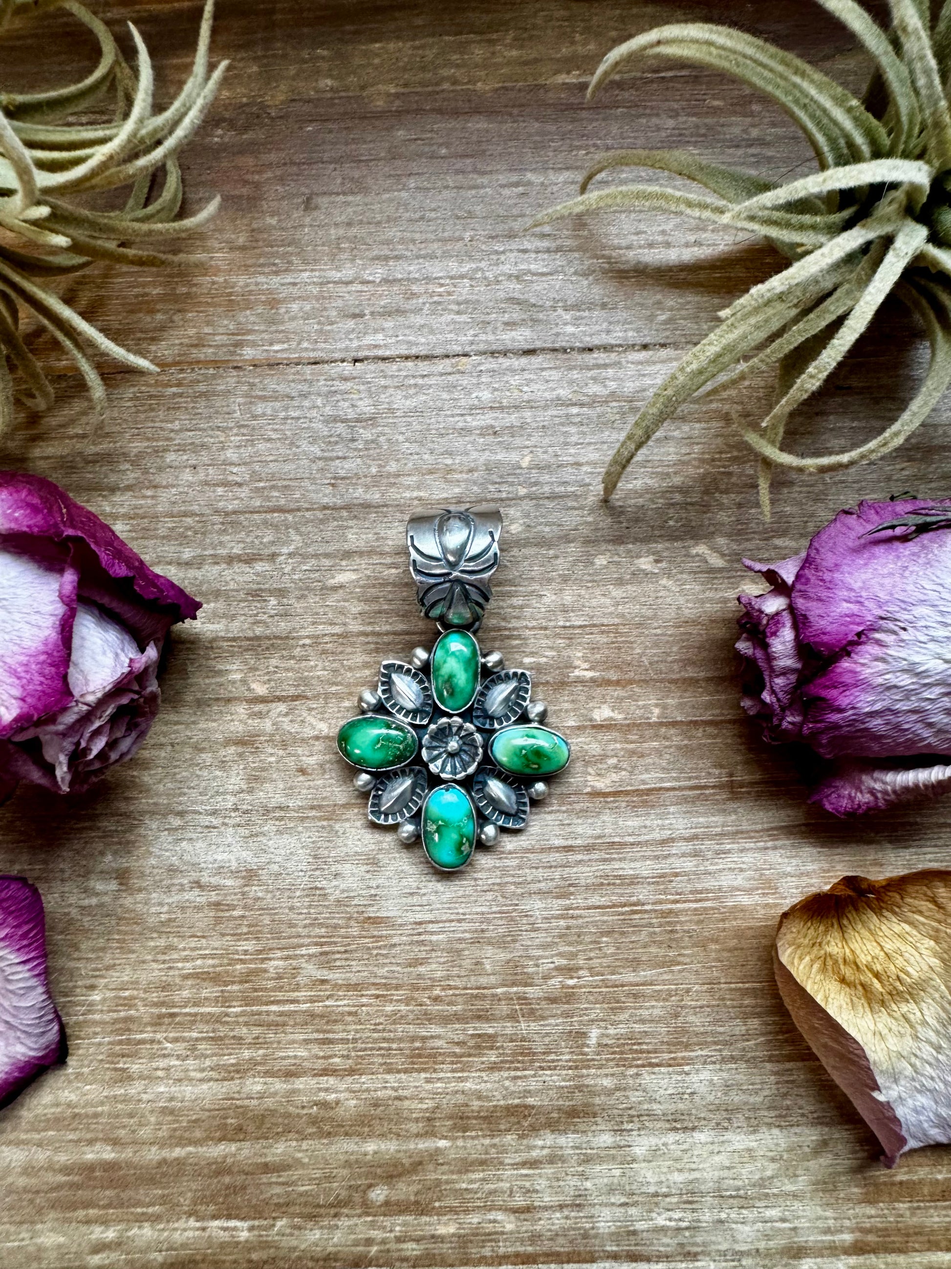 Sterling silver flower pendant with Sonoran Gold turquoise stone, Option 2 variation, handmade by Charles Johnson, Native made in the USA, fits 10mm pearls