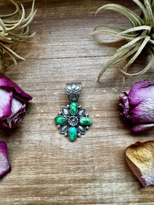 Sterling silver flower pendant with Sonoran Gold turquoise stone, Option 2 variation, handmade by Charles Johnson, Native made in the USA, fits 10mm pearls