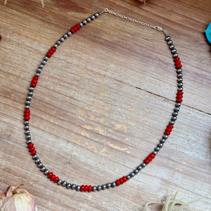 18-Inch Red Coral & Sterling Silver Pearl Necklace