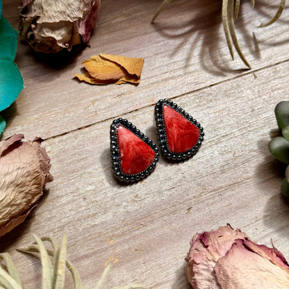MJ Large Red Spiny Oyster Teardrop Stud Earrings with Beaded Wire
