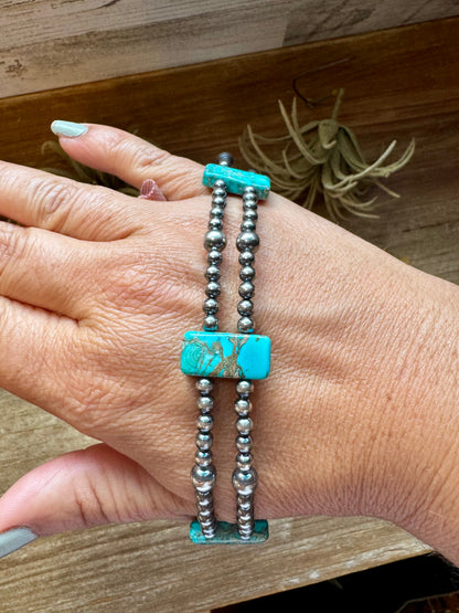 Double Strand Necklace – 13” Beaded – Sterling Silver Pearls & Rectangle Variscite Turquoise