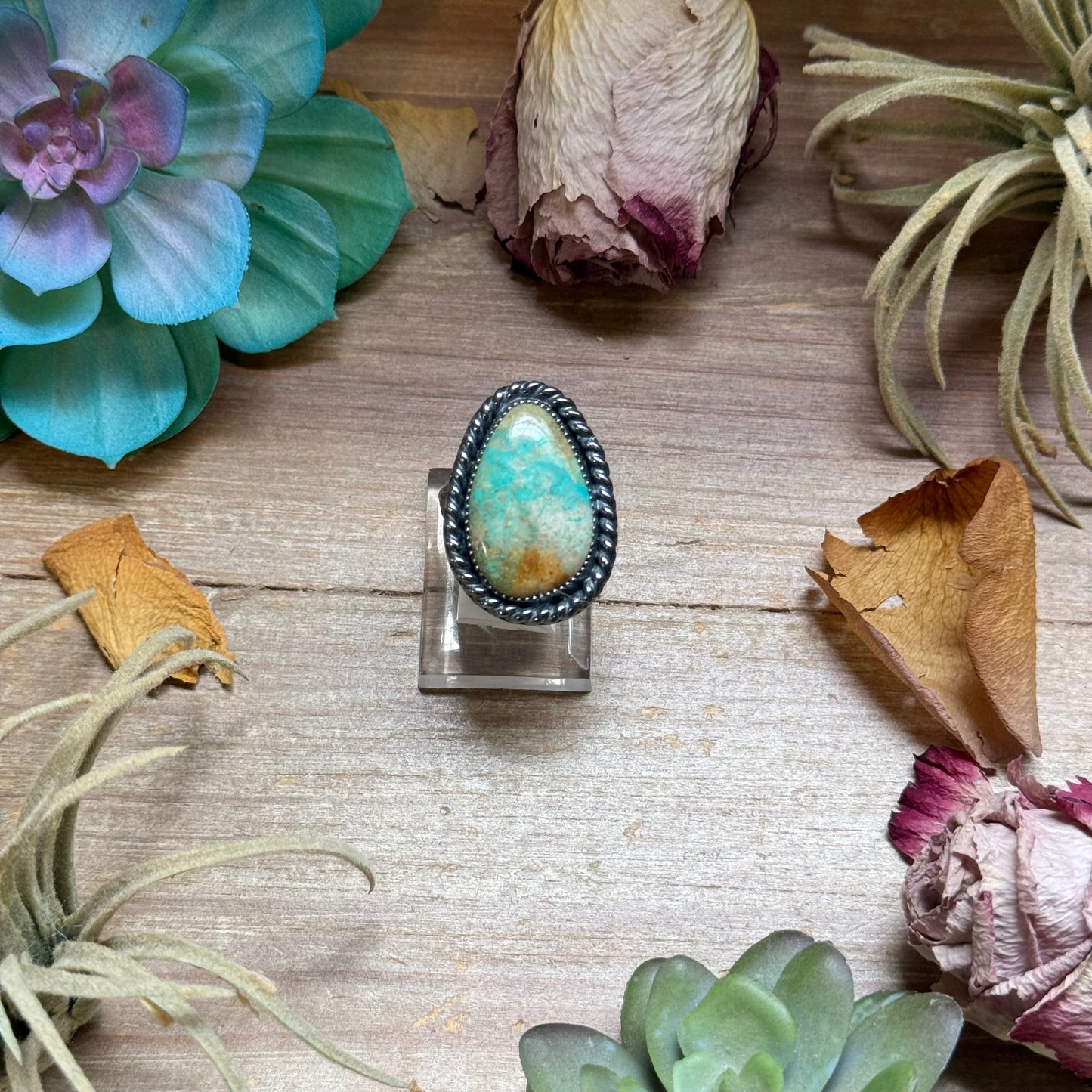Adjustable sterling silver turquoise teardrop ring with natural matrix, MJ statement ring made in USA