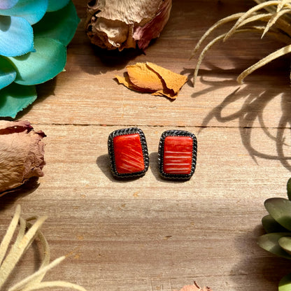MJ Red-Orange Spiny Oyster Rectangle Stud Earrings with Twisted Wire