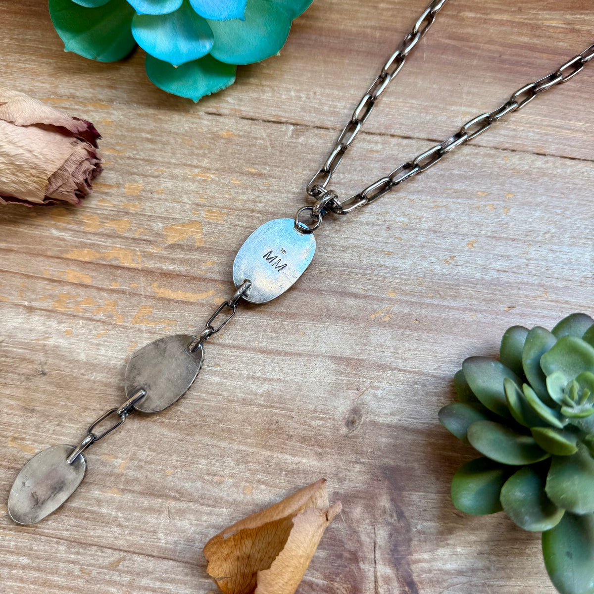 MJ 2 in 1 Three-Stone Turquoise Pendant & Handmade Paperclip Chain