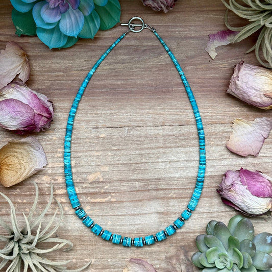 19 inch graduated turquoise heishi necklace with saucers and non tarnish hook handmade by The Bijoux FAB