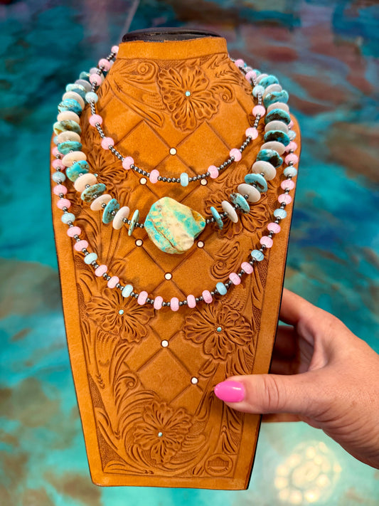 Jaci Stack – Pink & Blue Glass, Turquoise and White Shell Necklaces