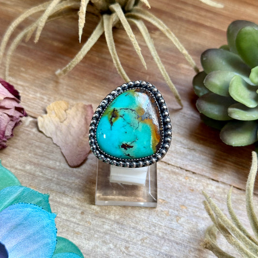 MJ blue turquoise ring with matrix in sterling silver adjustable band handmade in-house in the USA
