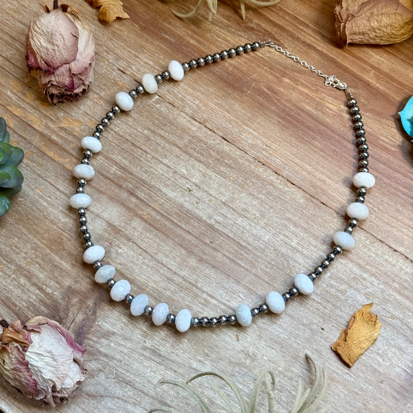 Faceted Moonstone & Sterling Silver Pearl Necklace