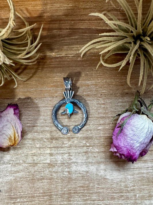 Sterling silver Naja pendant with Golden Hill turquoise center, stamped KB, Native made in the USA, fits 8mm pearls