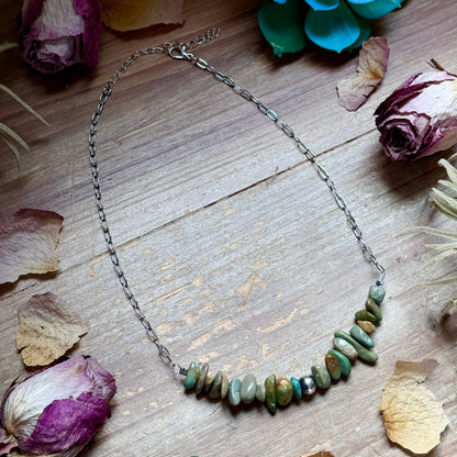 16.5” Green Turquoise Nugget Necklace – Sterling Silver & Paperclip Chain