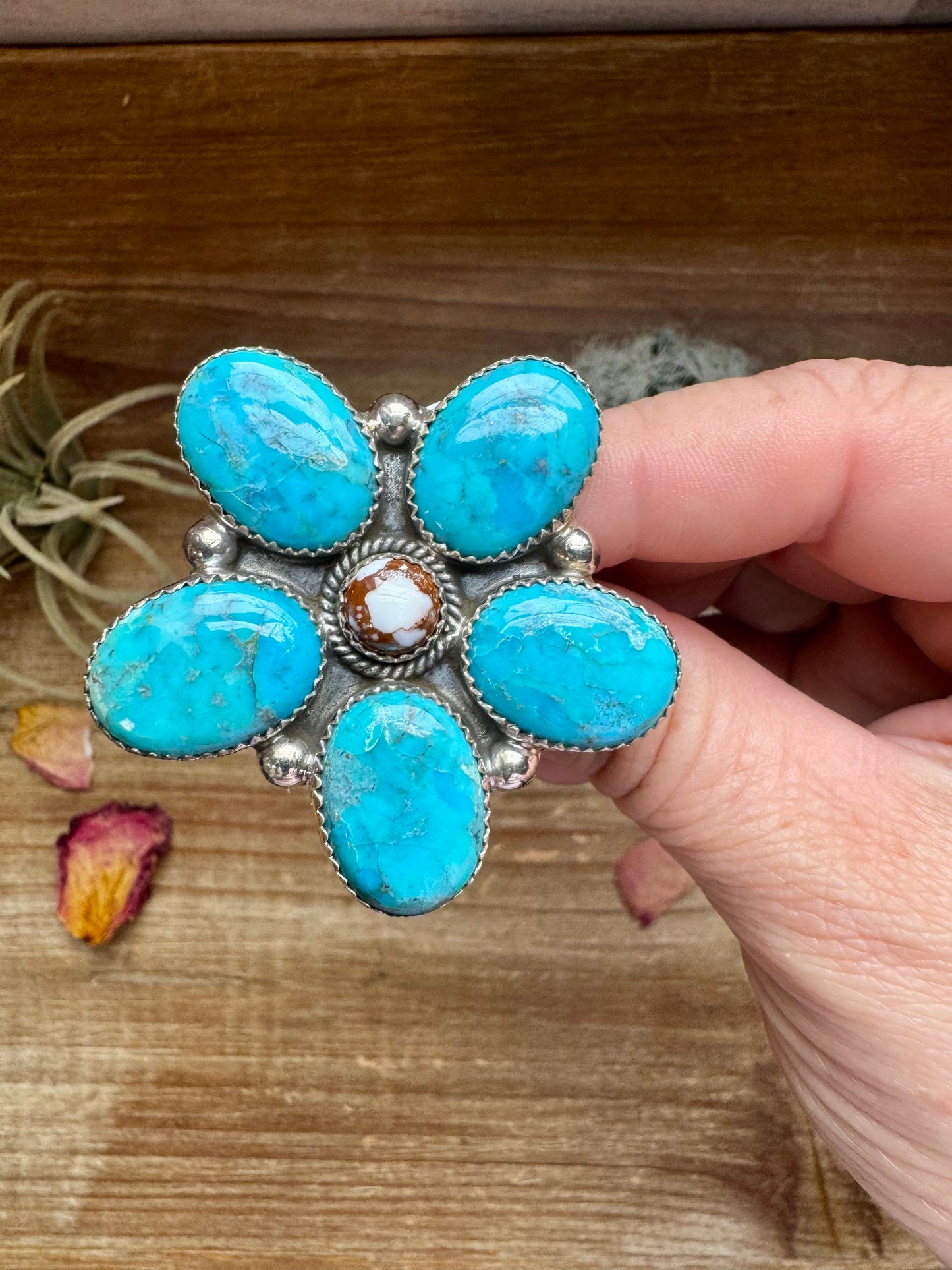 Big flower ring- adjustable - Kingman  turquoise, wild horse and sterling silver