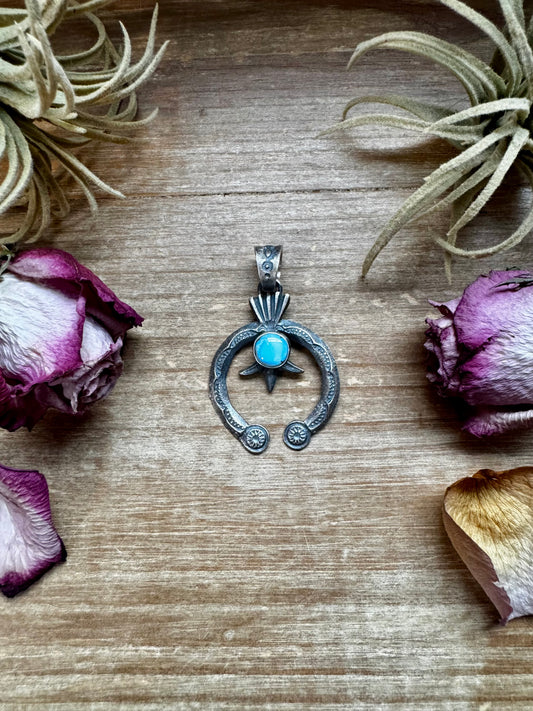 Sterling silver Naja pendant with Golden Hill turquoise, stamped KB, Native made in the USA, fits 8mm pearls