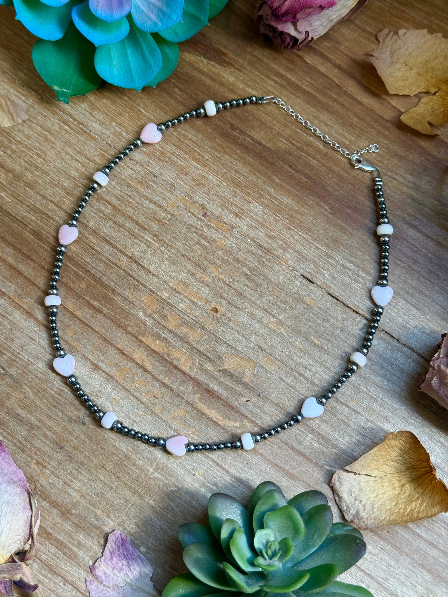 15” Pink Conch Heart Necklace – Sterling Silver Pearls