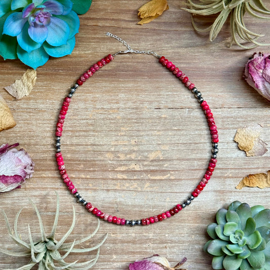  Pink variscite and sterling silver pearl necklace with rondelle 