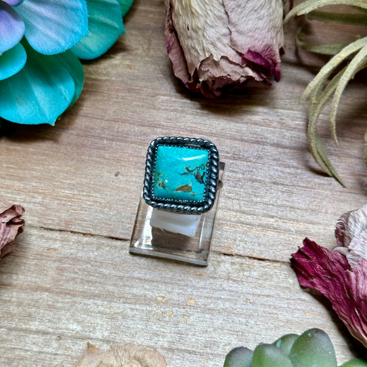 turquoise square adjustable sterling silver ring handmade USA MJ
