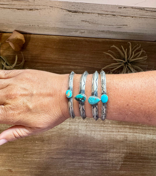 Sterling silver turquoise cuff bracelet with stamp work, Native made in the USA, available in four options