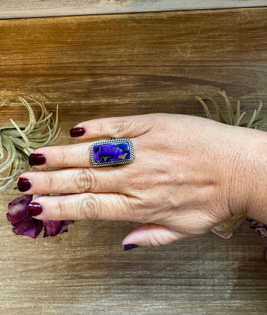 Sterling silver rectangular ring with purple dahlia stone, size 8, handmade by Native silversmith M. Spencer in the USA