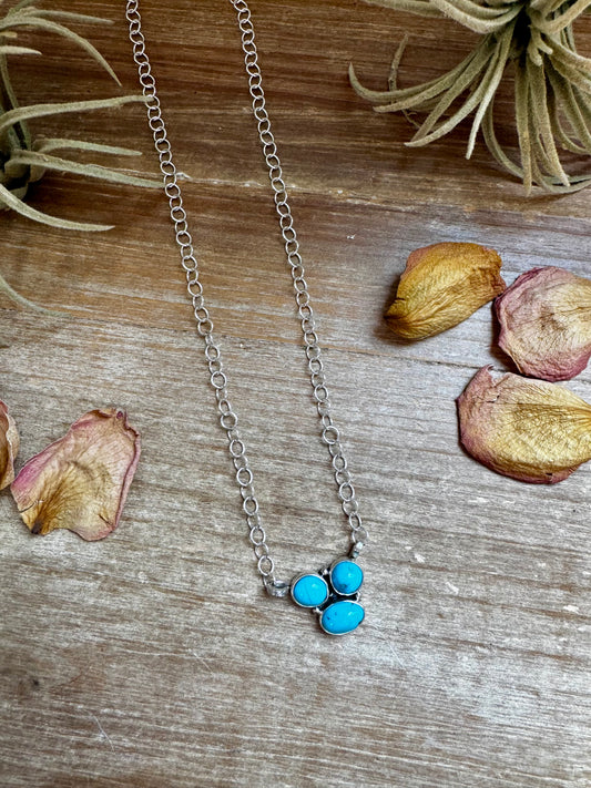 Three-stone Kingman turquoise cluster necklace, 17.5-inch sterling silver, USA made