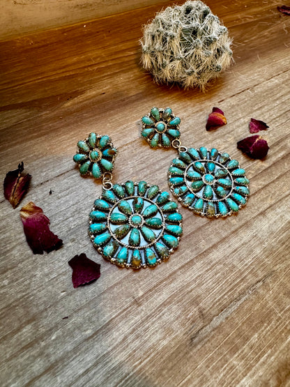 Big Cluster and Dangle Flower Stud Blue Turquoise Earrings