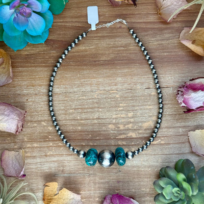 16.5 inch turquoise necklace with 20mm center stone and sterling silver pearls handmade in the USA by The Bijoux FAB