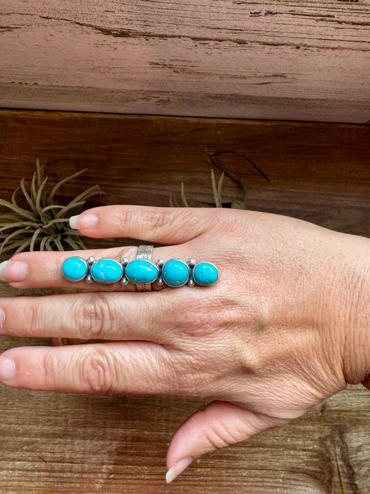Adjustable 5-stone Kingman turquoise pointer ring in sterling silver, USA made