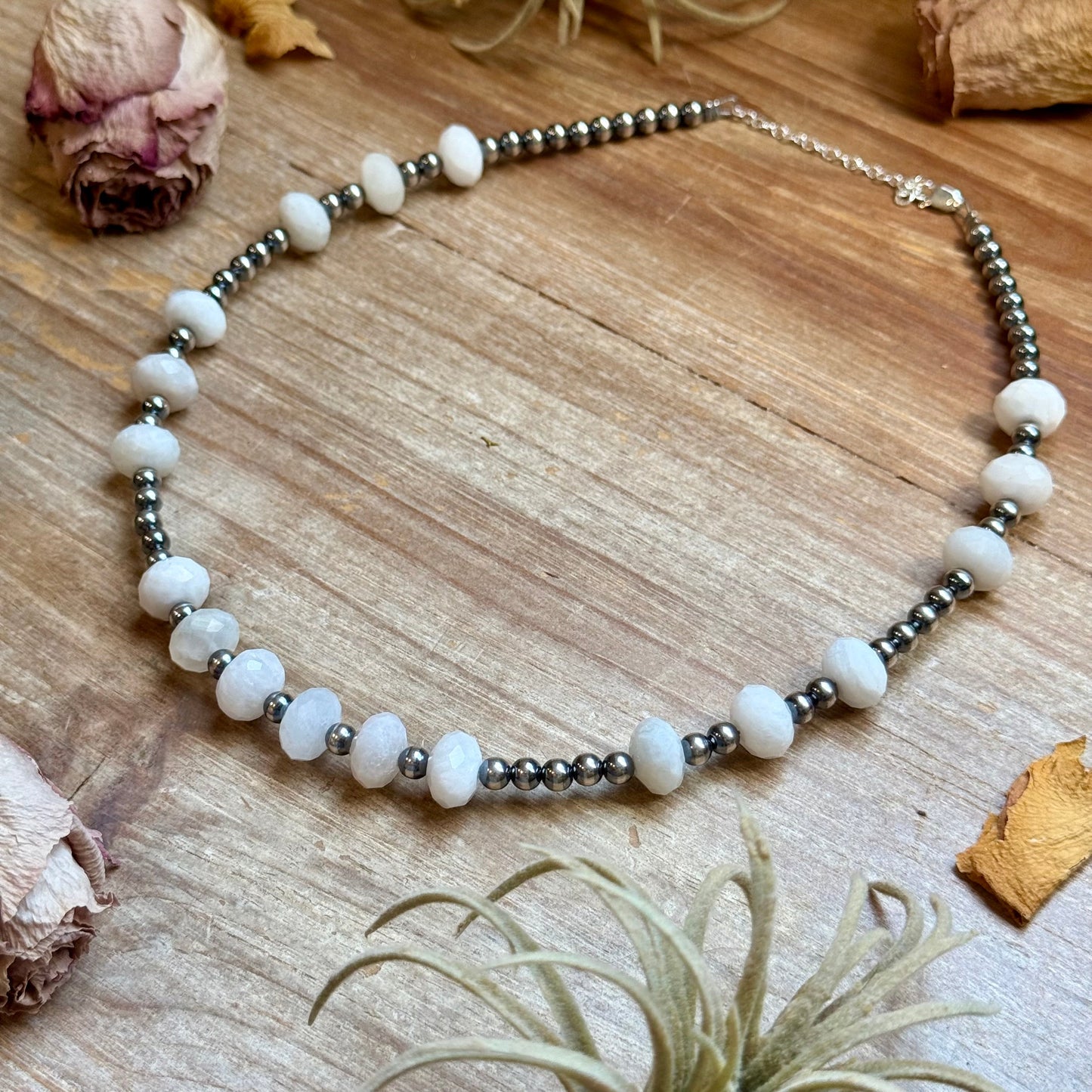 Faceted Moonstone & Sterling Silver Pearl Necklace
