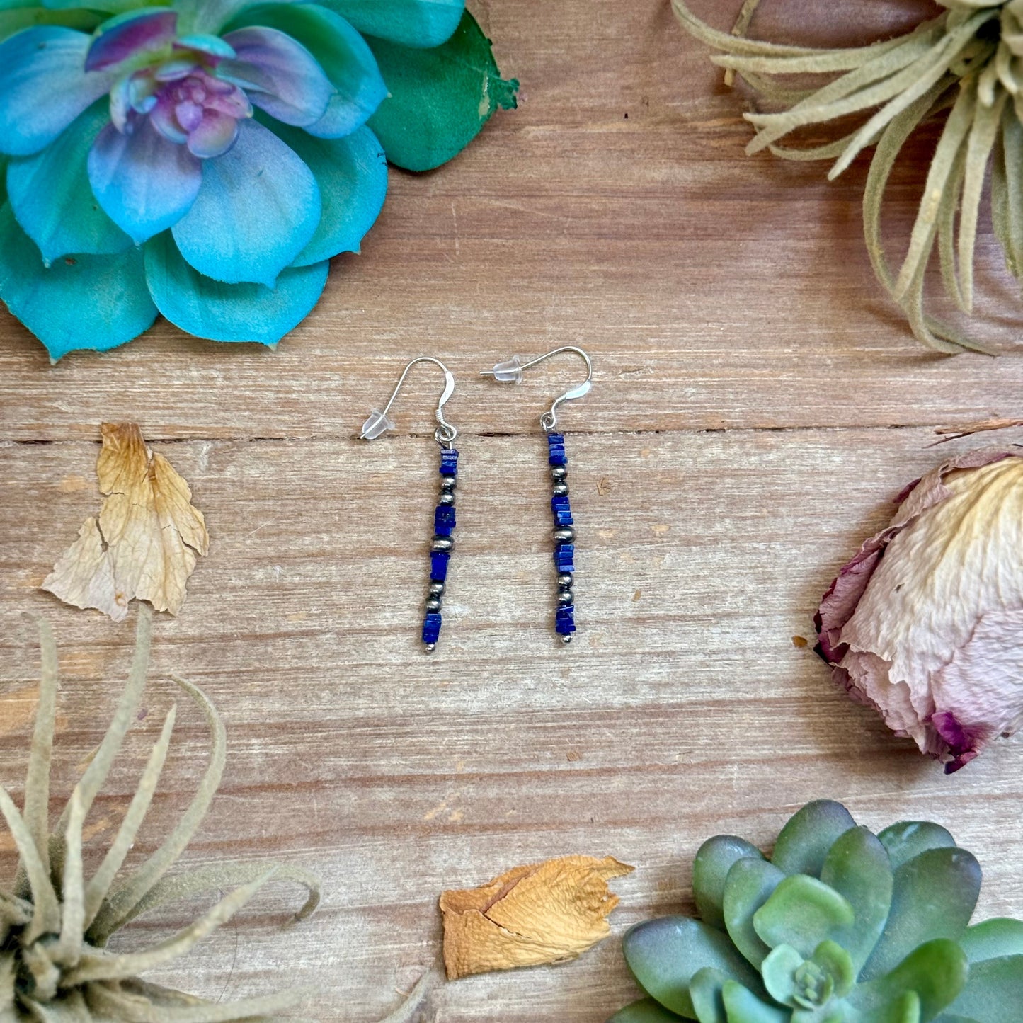 Blue lapis cube dangle earrings with sterling silver pearls handmade by The Bijoux FAB

