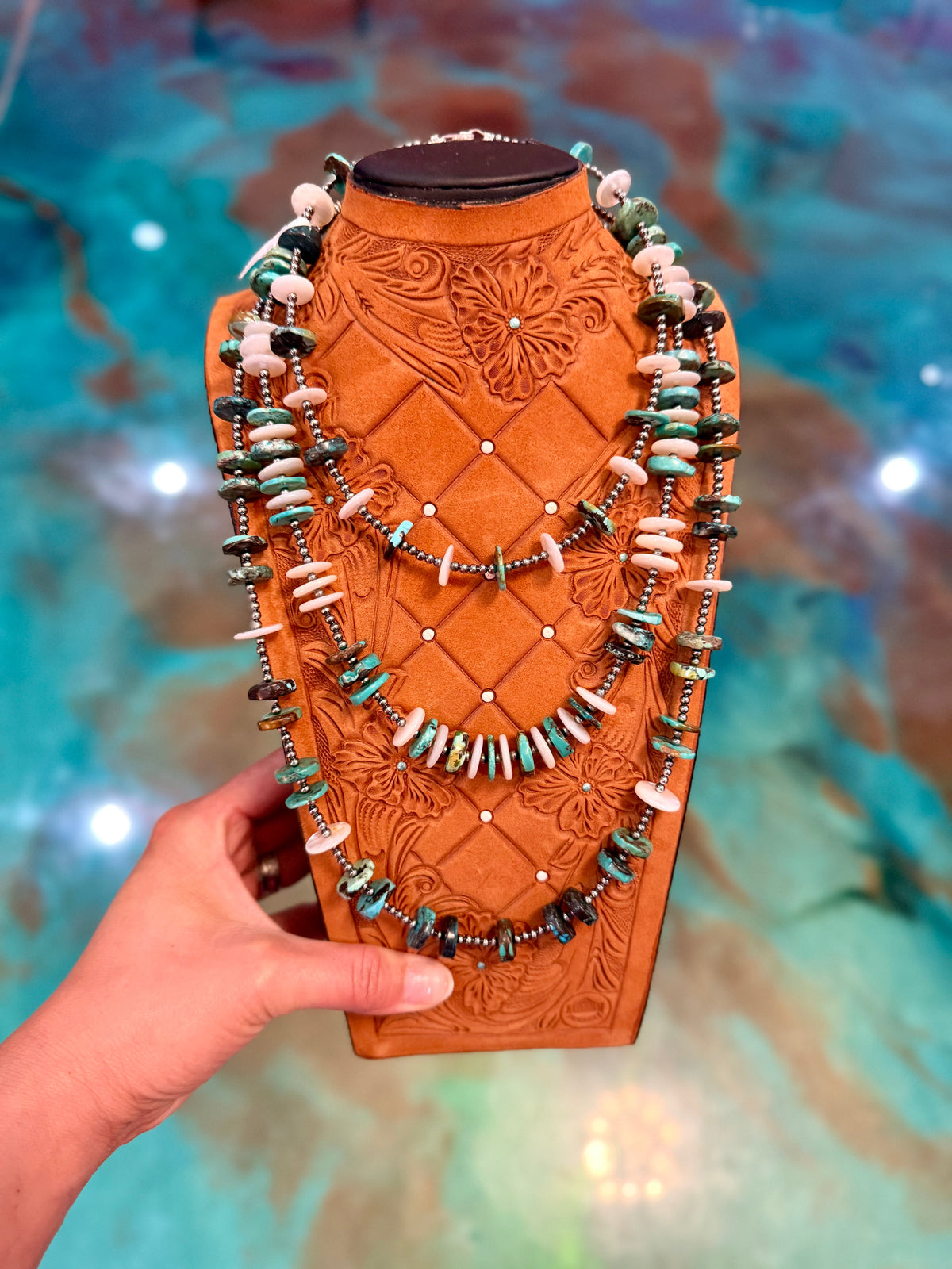 Jaci Stack – Turquoise, White Shell & Sterling Silver Patterned Necklaces