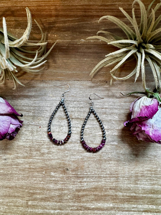Sterling silver pearl earrings with 4mm purple spiny oyster beads, handmade by The Bijoux FAB in the USA
