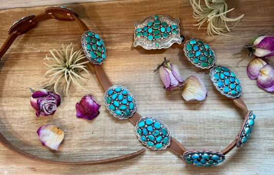 Sterling silver concho belt with nine turquoise conchos, stamped DM, Native made in the USA, one of a kind adjustable 29–52 inches