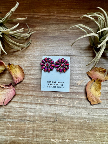 Handcrafted sterling silver cluster earrings featuring deep pink opal stones in a bold design. Stamped AN (believed to be). Made in the USA. One-of-a-kind and curated by The Bijoux FAB.