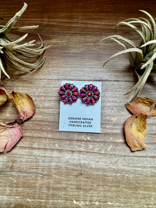 Handcrafted sterling silver cluster earrings featuring deep pink opal stones in a bold design. Stamped AN (believed to be). Made in the USA. One-of-a-kind and curated by The Bijoux FAB.