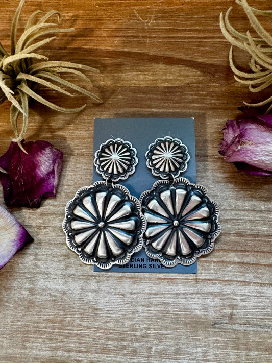 Sterling silver concho dangle earrings with stud top and drop, Native made by E. Tahe in the USA
